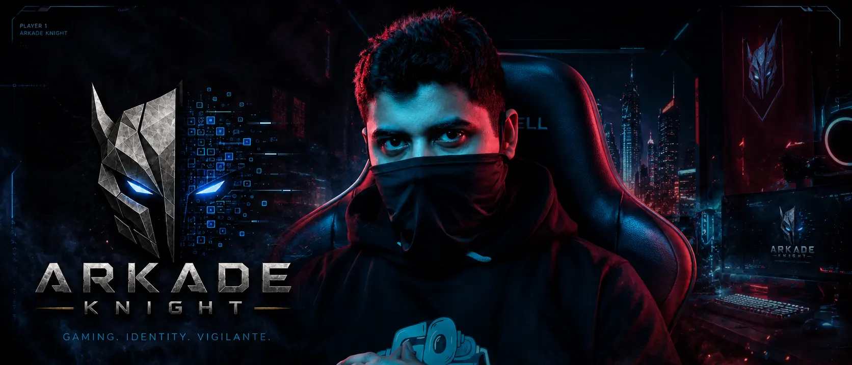 Arkade Knight, masked, in the studio