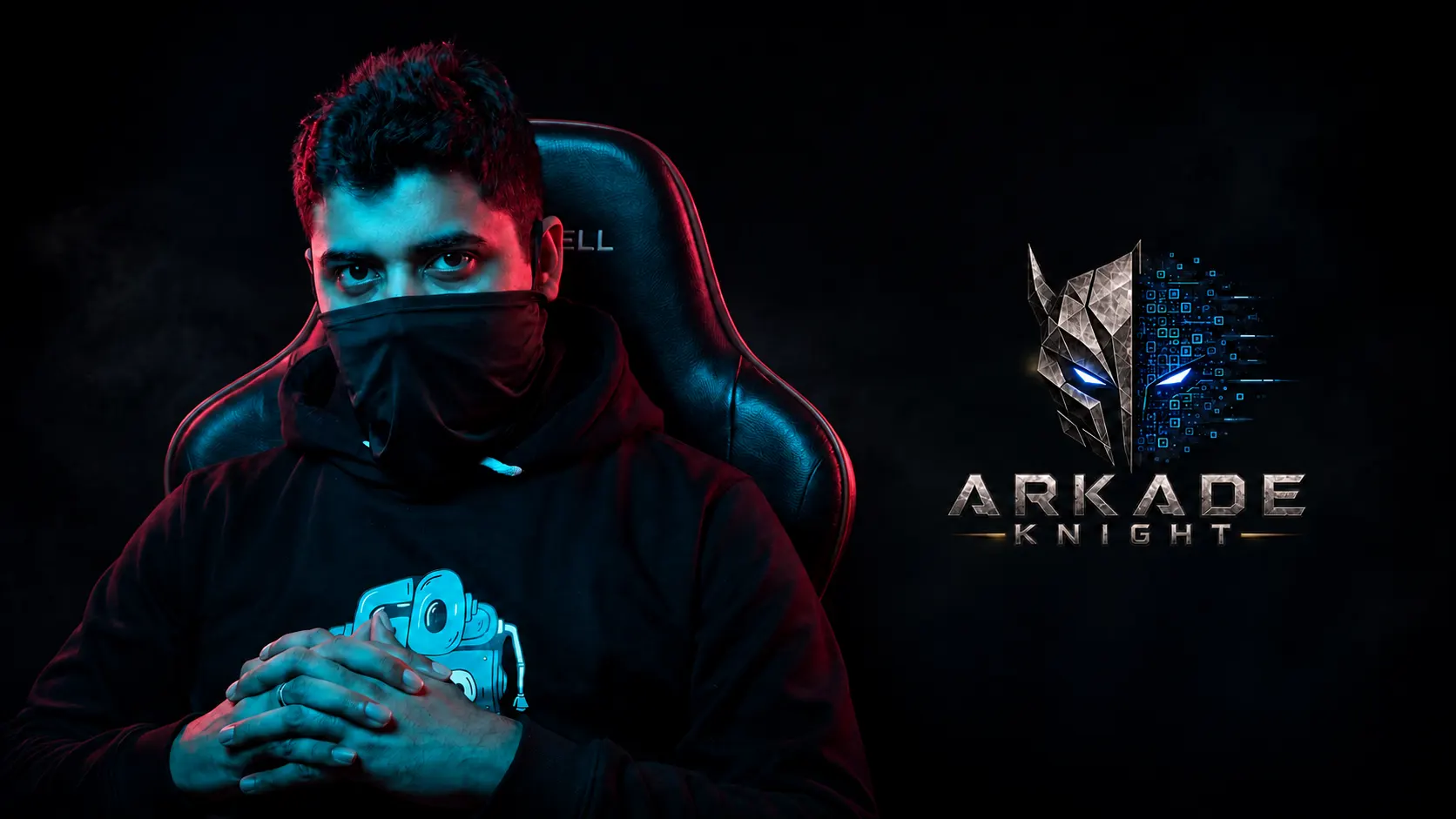 Arkade Knight, masked and seated in a gaming chair
